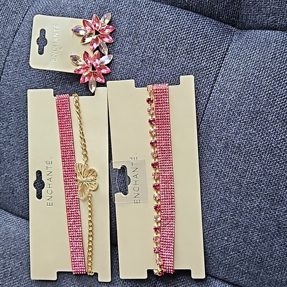 Enchante 2 Pink Gold Necklaces 1 Pair Floral Tear Drop Petal Earrings Rhinestone - Picture 1 of 7